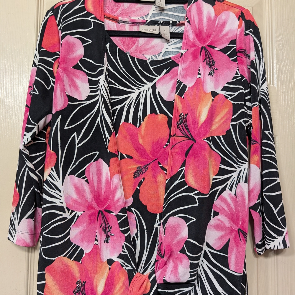 Chico's Pink and Orange Graphic Blouse with 3/4 Sleeves